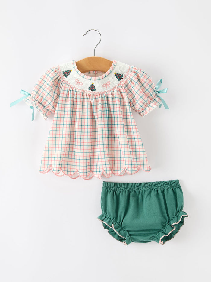 Christmas Plaid Smocked Bloomers Set with Tree Embroidery