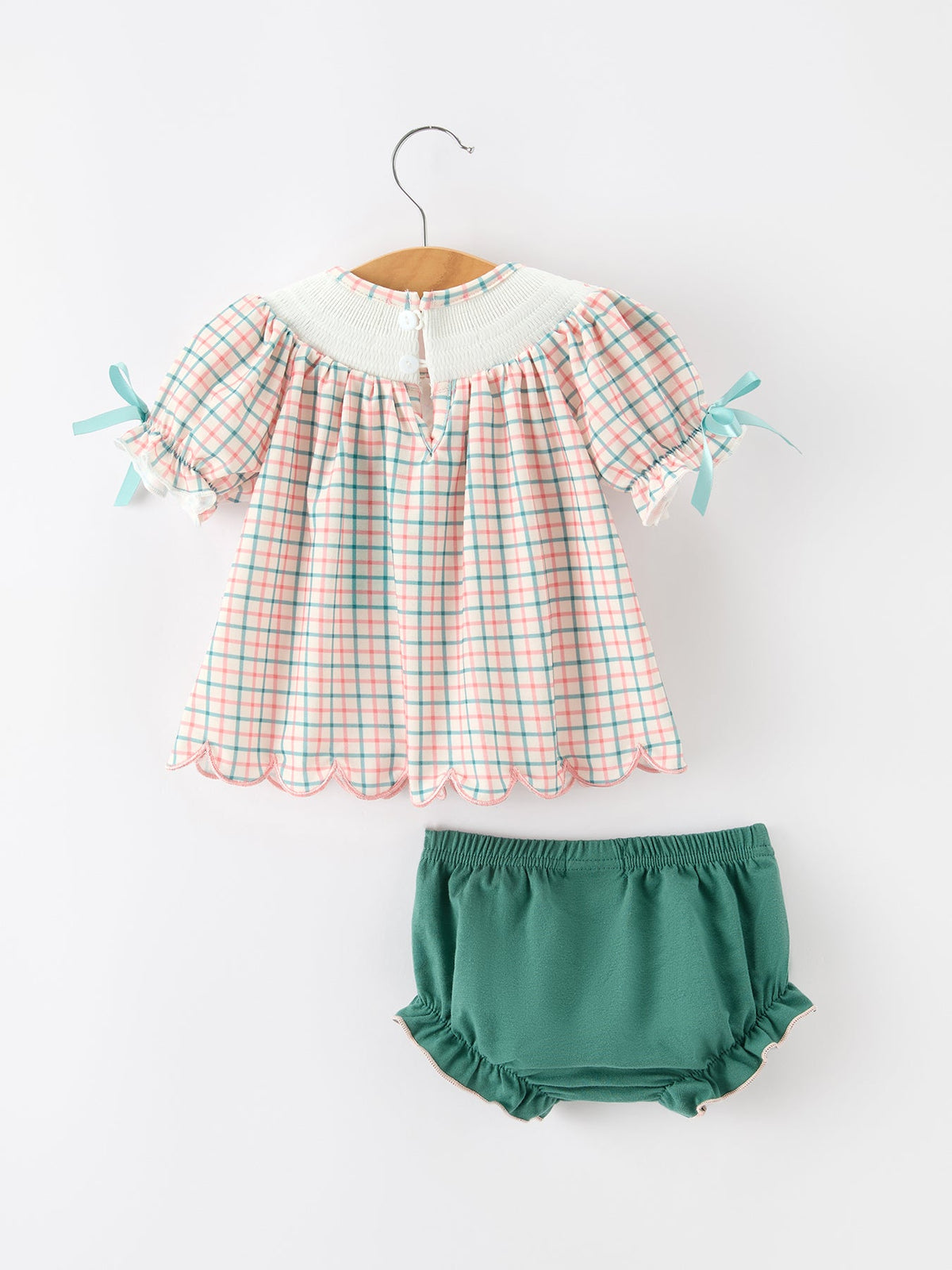 Christmas Plaid Smocked Bloomers Set with Tree Embroidery