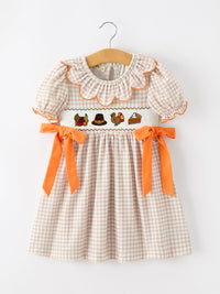 Thanksgiving Smocked Girls Dress Turkey Pumpkin Pie Embroidery