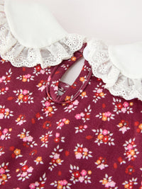 Burgundy Floral Smocked Baby Girl Bubble Romper Peter Pan Collar