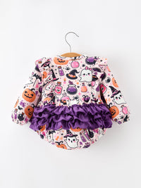 Halloween Pumpkin Ghost Baby Girl Bubble Romper Ruffle Bow Detail