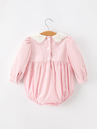 Fall Pink Smocked Baby Girl Bubble Romper Peter Pan Collar Floral Detail