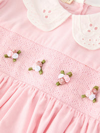 Fall Pink Smocked Girls Dress Peter Pan Collar Long Sleeve Floral Detail