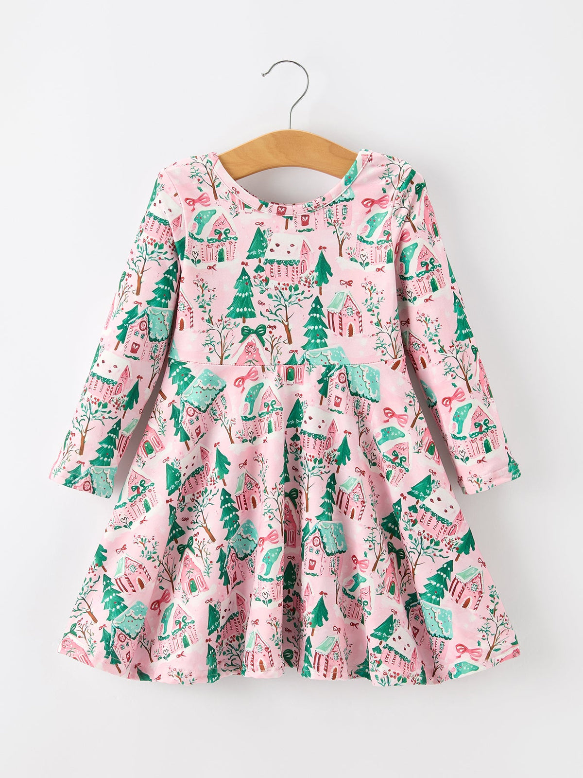Pink Holiday Village Print Twirl Dress
