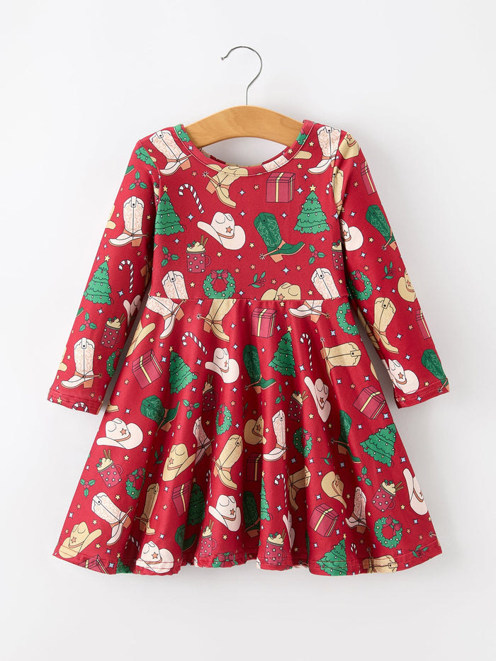 Christmas Wreaths Twirl Long Sleeve Festive Dress