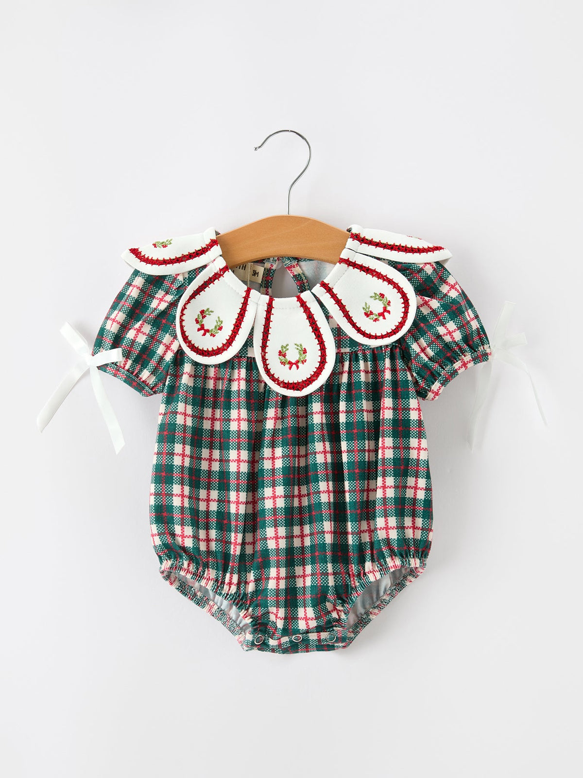 Christmas Plaid Wreath Embroidery Bubble Romper
