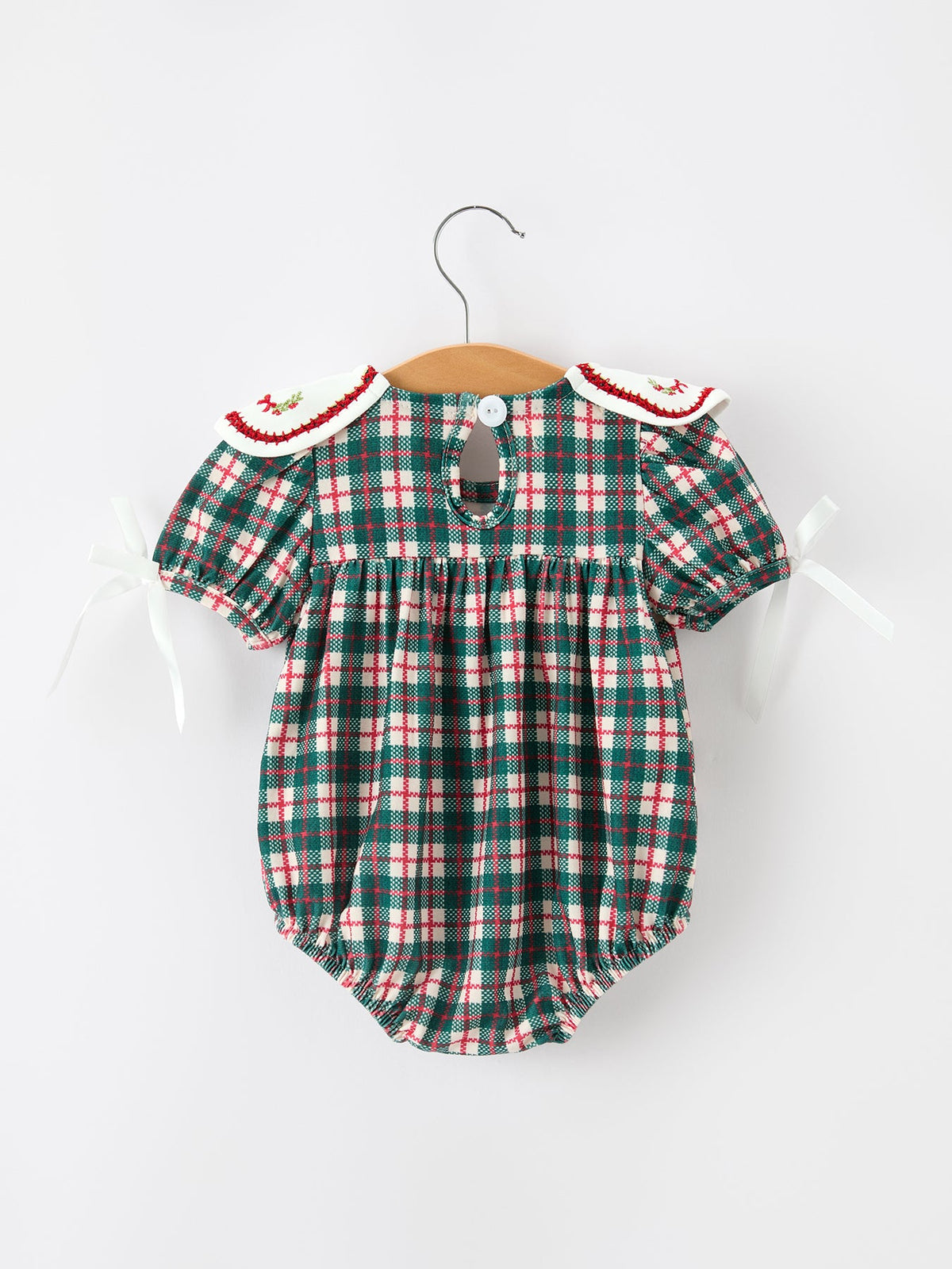 Christmas Plaid Wreath Embroidery Bubble Romper