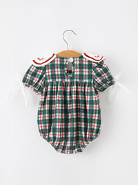 Christmas Plaid Wreath Embroidery Bubble Romper