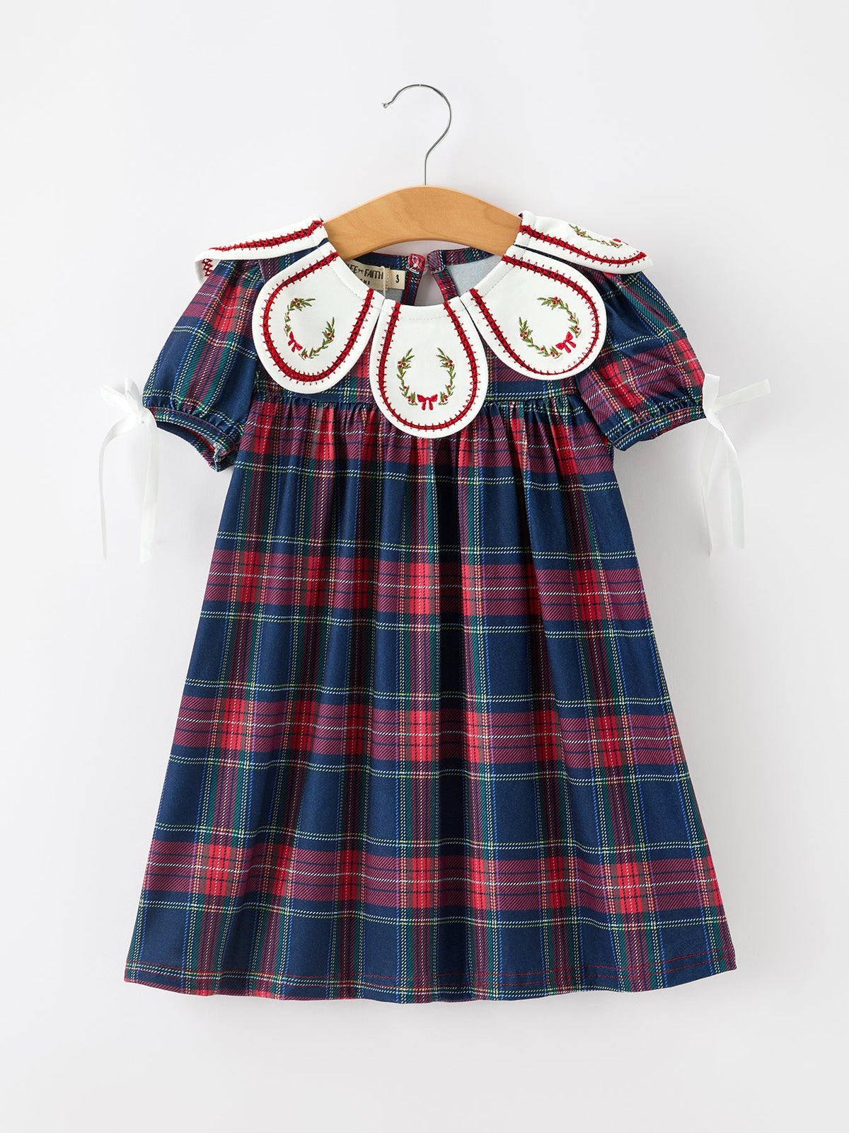 Christmas Plaid Wreath Embroidered Girl Dress
