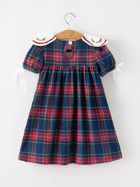 Christmas Plaid Wreath Embroidered Girl Dress