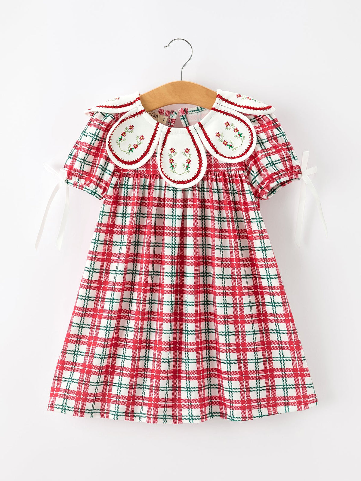 Christmas Plaid Wreath Embroidered Girl Dress