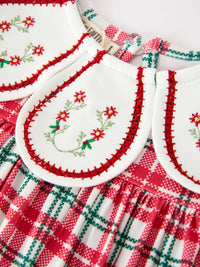 Christmas Plaid Wreath Embroidered Girl Dress