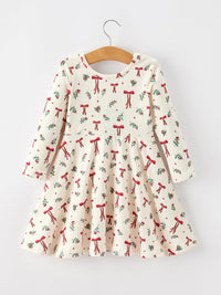 Girls Christmas Bow & Berry Print Twirl Dress