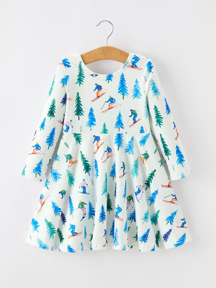 Winter Ski & Pine Tree Print Twirl Dress