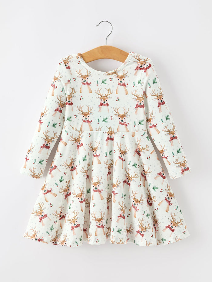 Reindeer Christmas Twirl Long Sleeve Dress