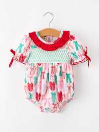 Christmas Smocked Bubble Romper Bow Print