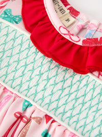 Christmas Smocked Bubble Romper Bow Print