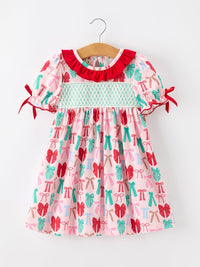 Christmas Smocked Dress Red Green Bow Holiday Party Dress
