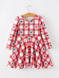 Christmas Candy Cane & Bow Plaid Twirl Dress