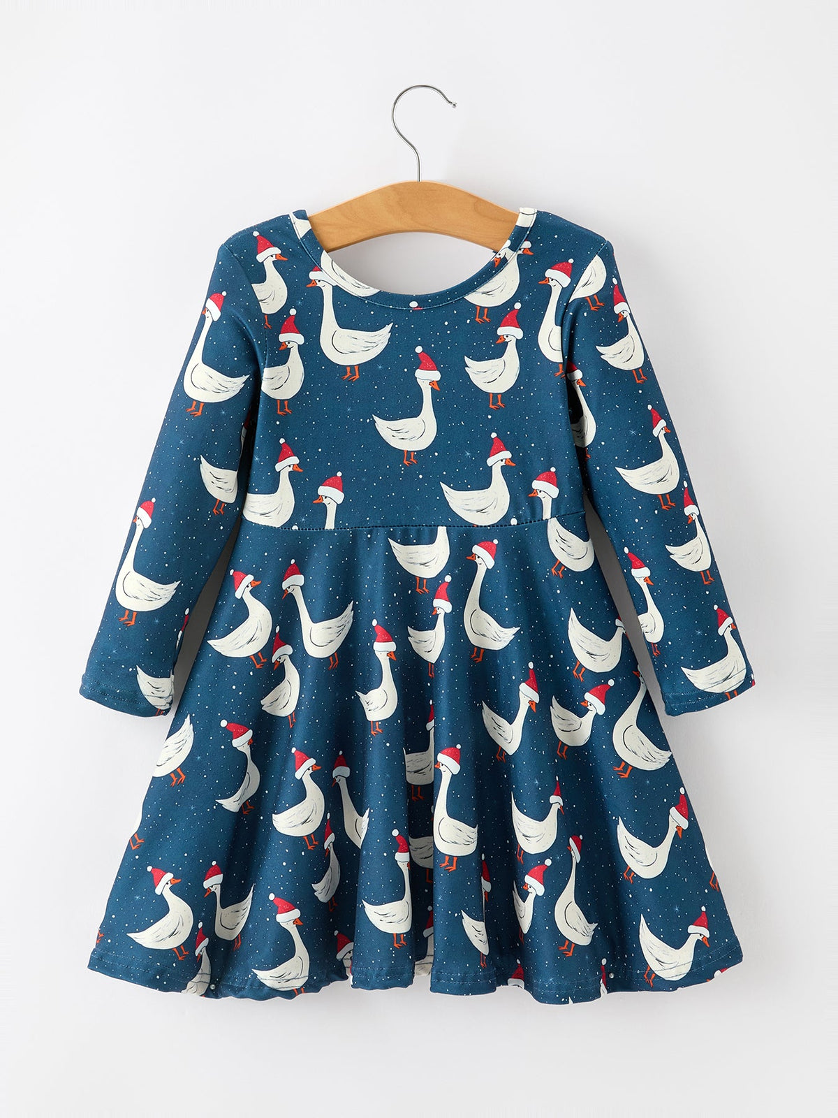 Christmas Goose Twirl Dress Navy Long Sleeve Dress