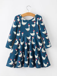 Christmas Goose Twirl Dress Navy Long Sleeve Dress
