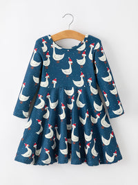 Christmas Goose Twirl Dress Navy Long Sleeve Dress