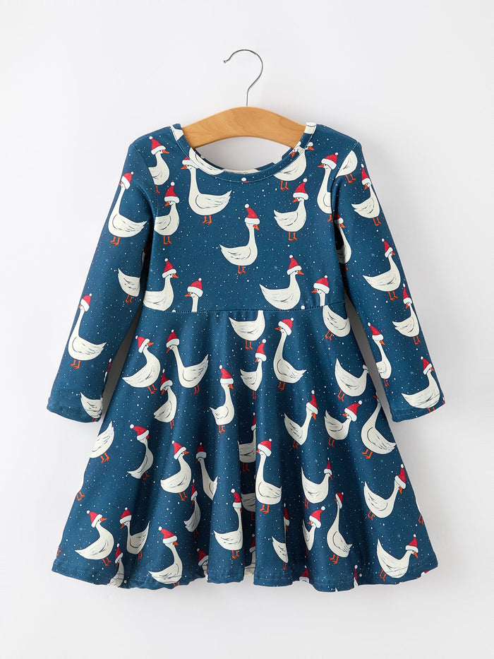 Christmas Goose Twirl Dress Navy Long Sleeve Dress