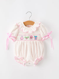 Christmas Smocked Baby Girl Bubble Romper Embroidered Ruffle Collar