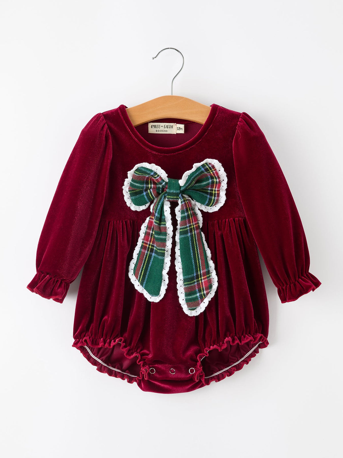 Christmas Burgundy Velvet Plaid Bow Romper