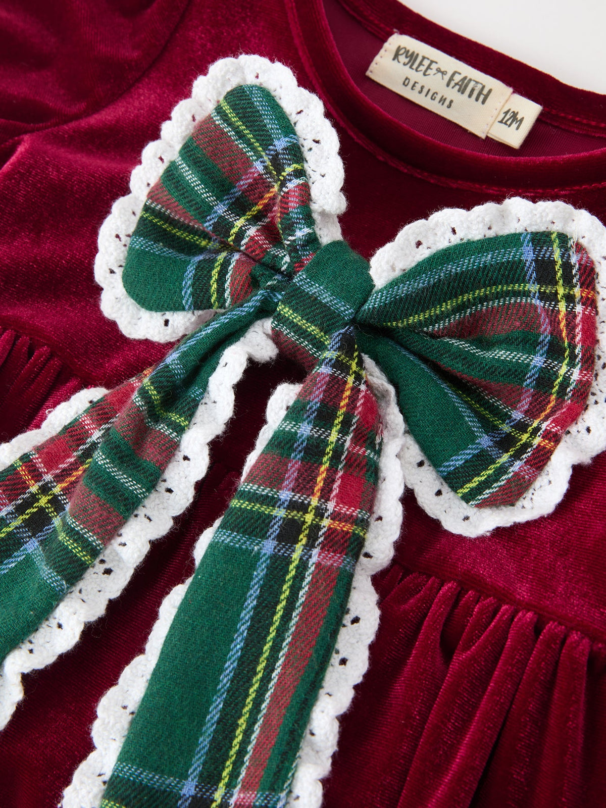 Christmas Burgundy Velvet Plaid Bow Romper