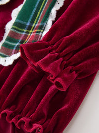 Christmas Burgundy Velvet Plaid Bow Romper