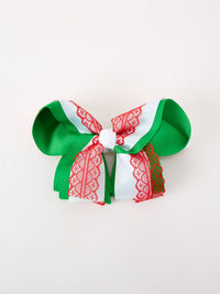 Christmas Red Lace Green Layered Bow Hair Clip 6.3 Inches