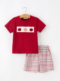 Pumpkin Boys Outfit Set Red Tee Plaid Shorts Set