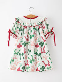 Christmas Girls Holly Jolly Bow Smocked Ruffle Dress
