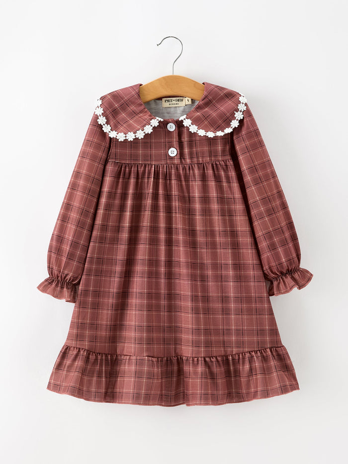 Brown Plaid Lace-Trim Peter Pan Collar Dress