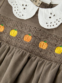 Fall Baby Girls Pumpkin Smocked Eyelet Collar Romper