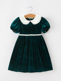 Emerald Green Velvet Lace Collar Christmas Dress