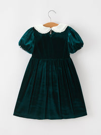 Emerald Green Velvet Lace Collar Christmas Dress