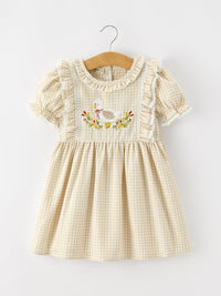 Goose Embroidered Beige Plaid Ruffle Dress