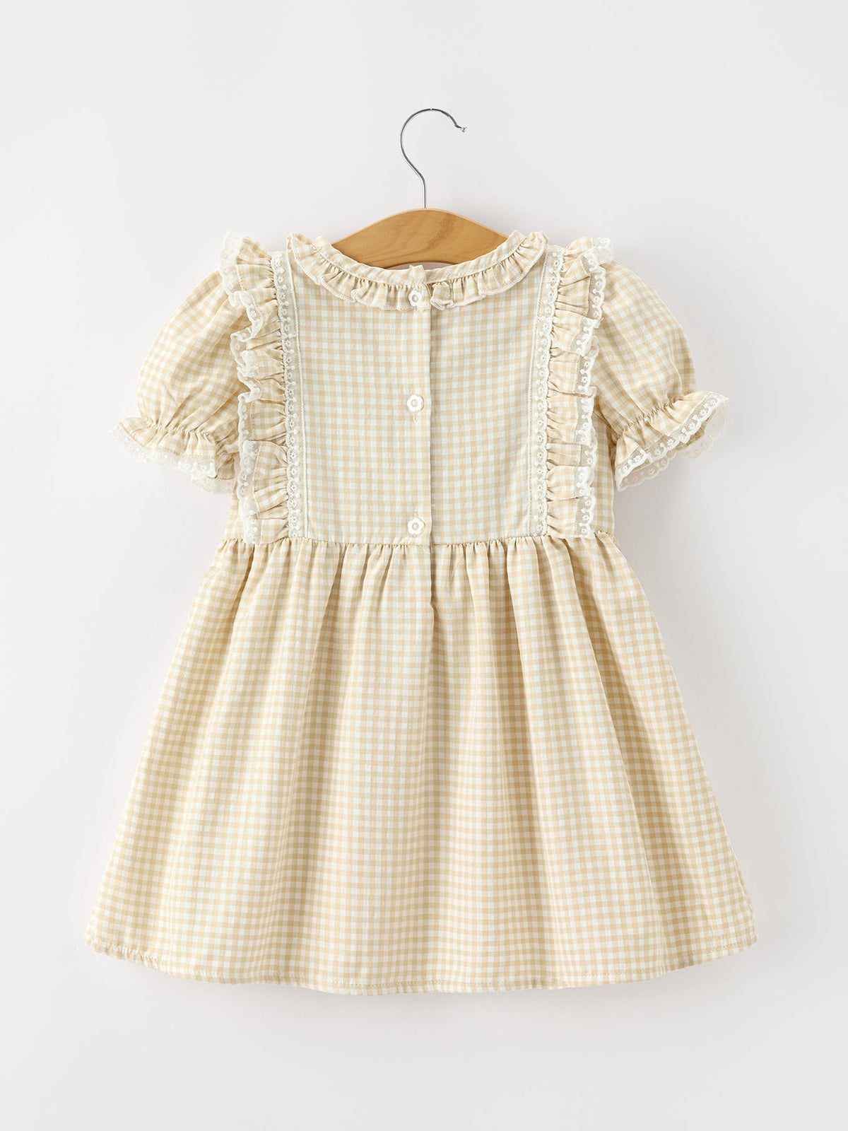 Goose Embroidered Beige Plaid Ruffle Dress