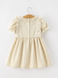 Goose Embroidered Beige Plaid Ruffle Dress