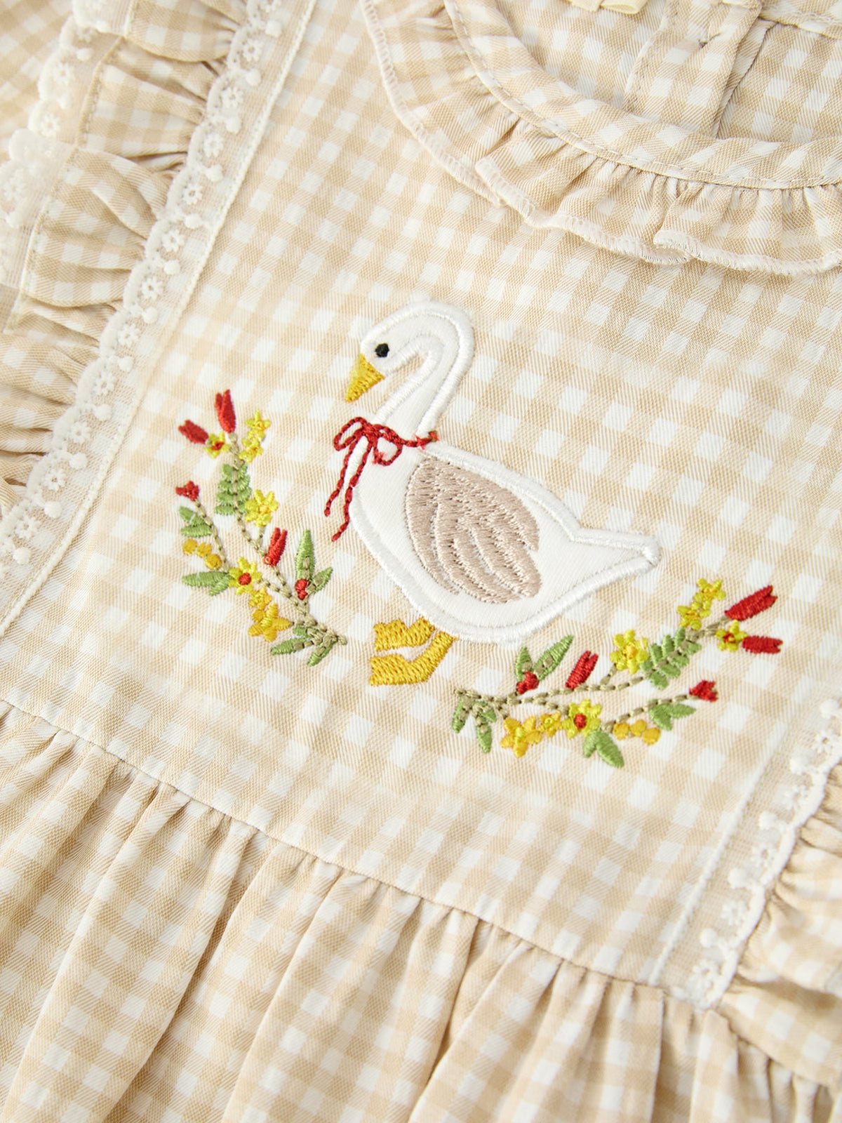 Goose Embroidered Beige Plaid Ruffle Dress
