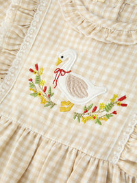 Goose Embroidered Beige Plaid Ruffle Dress