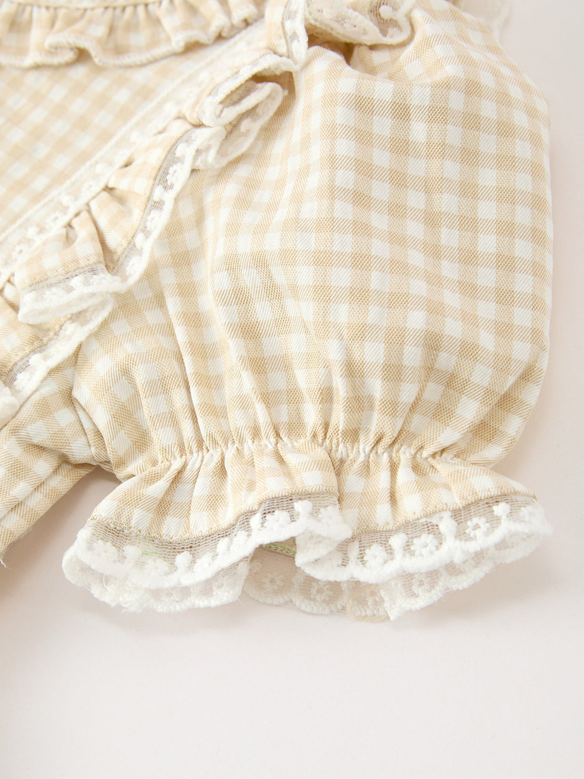 Goose Embroidered Beige Plaid Ruffle Dress