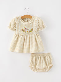 Goose Embroidered Beige Plaid Ruffle Bloomer Set