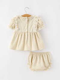 Goose Embroidered Beige Plaid Ruffle Bloomer Set