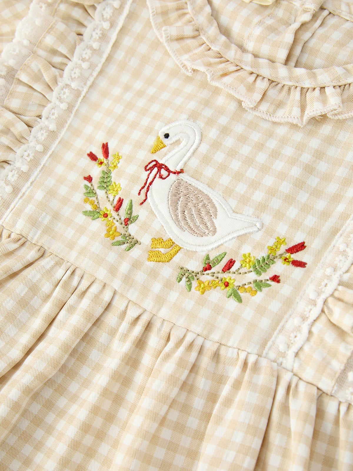 Goose Embroidered Beige Plaid Ruffle Bloomer Set