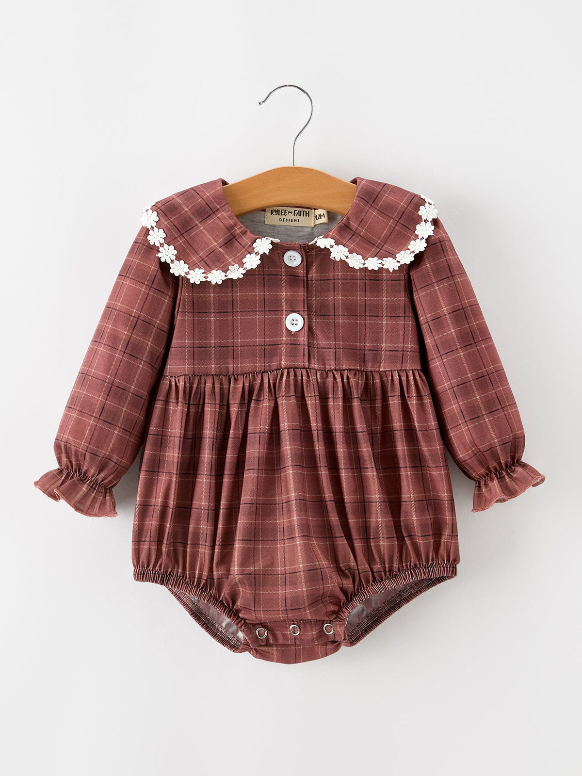 Brown Plaid Floral Lace Collar Romper
