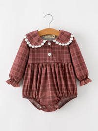 Brown Plaid Floral Lace Collar Romper