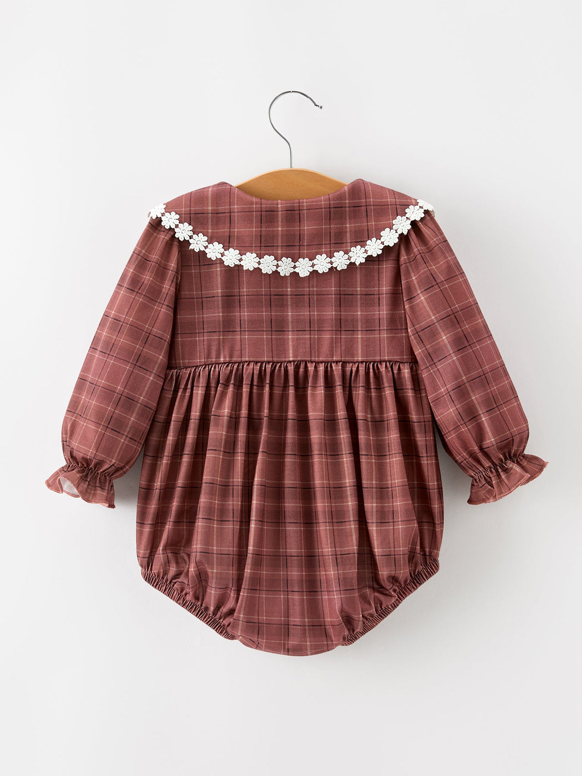 Brown Plaid Floral Lace Collar Romper